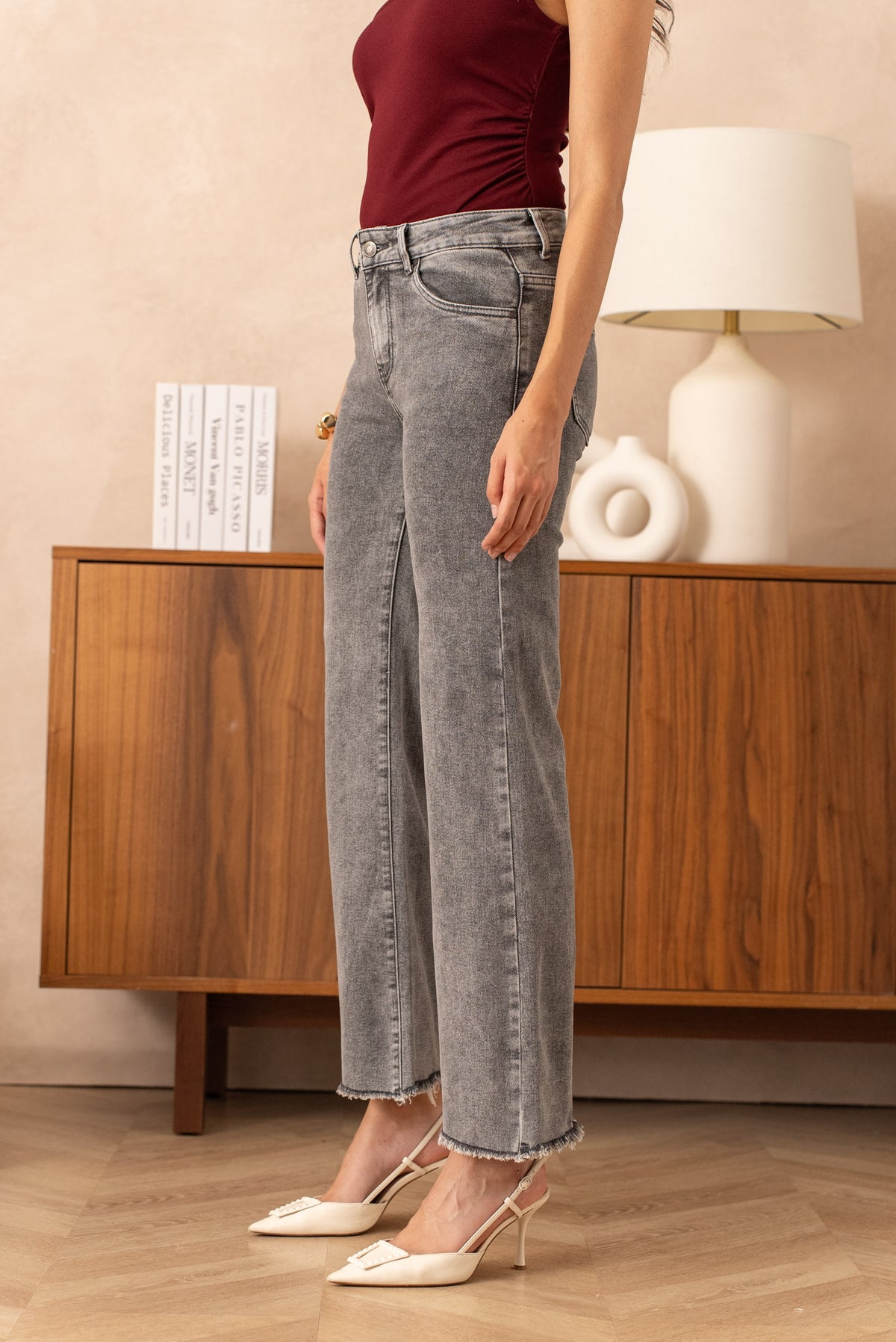 Jean wide leg à frange gris
