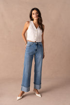 Jean wide leg retroussé
