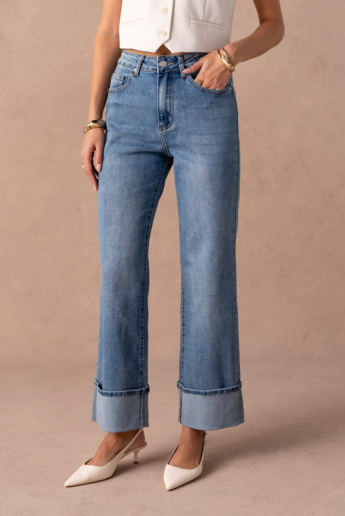 Jean wide leg retroussé