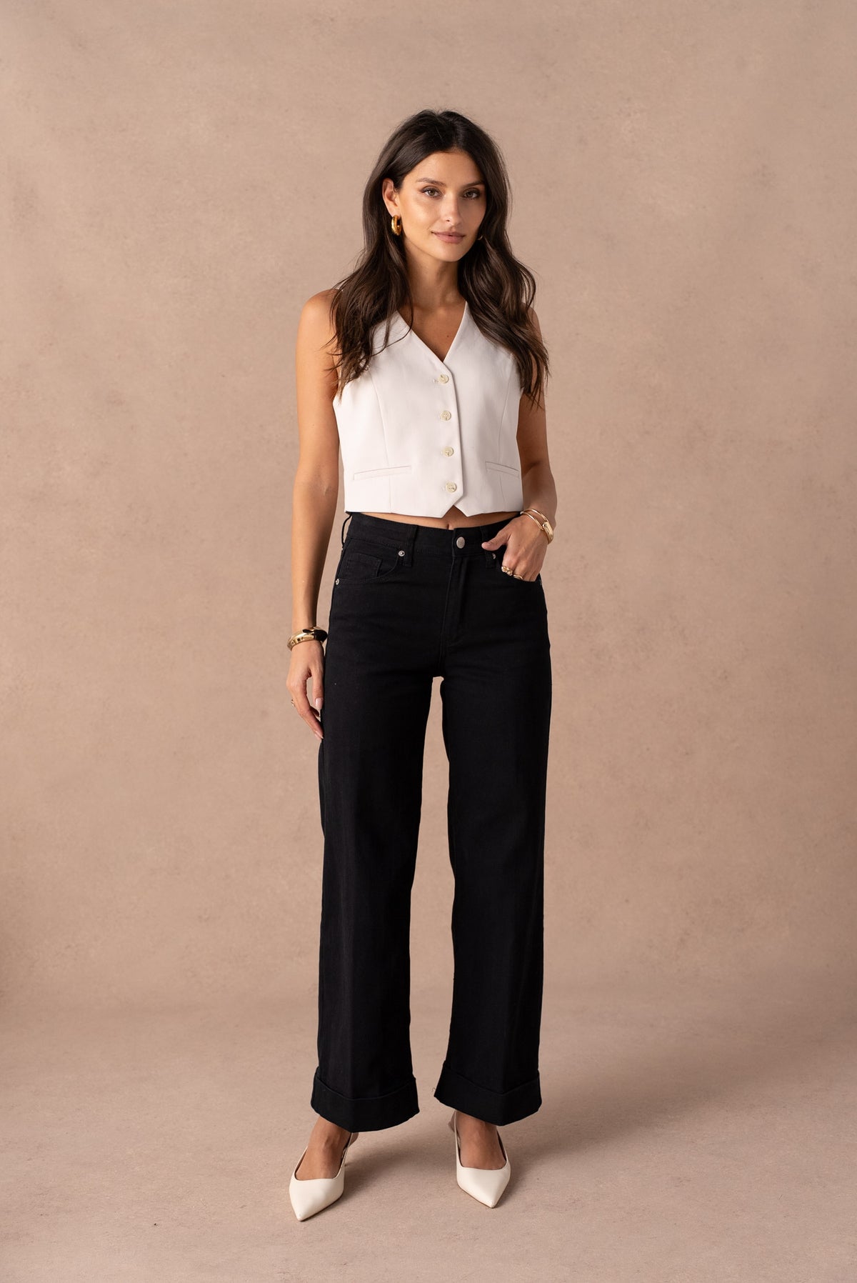 Jean wide leg retroussé avec pli milieu