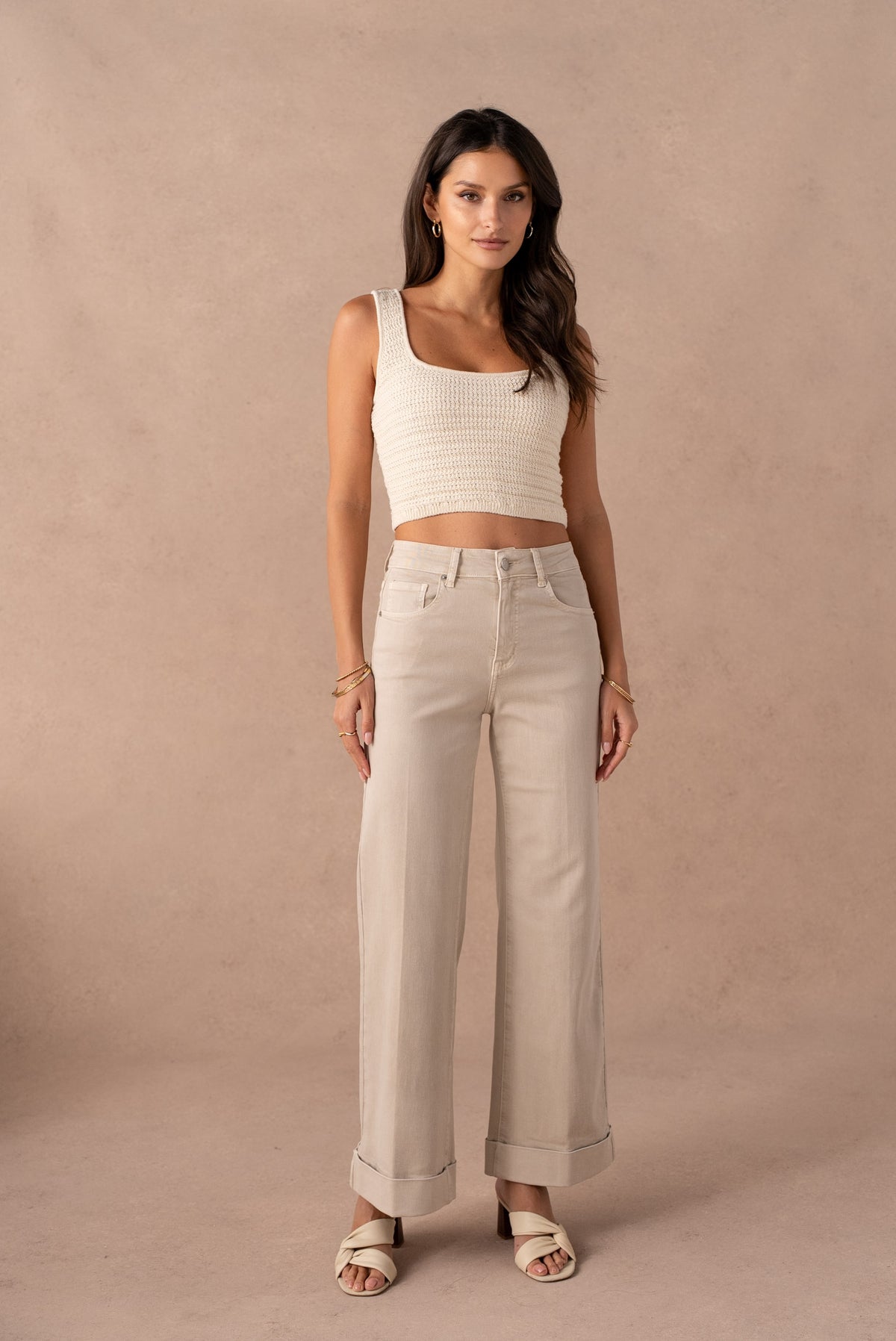 Jean wide leg retroussé avec pli milieu